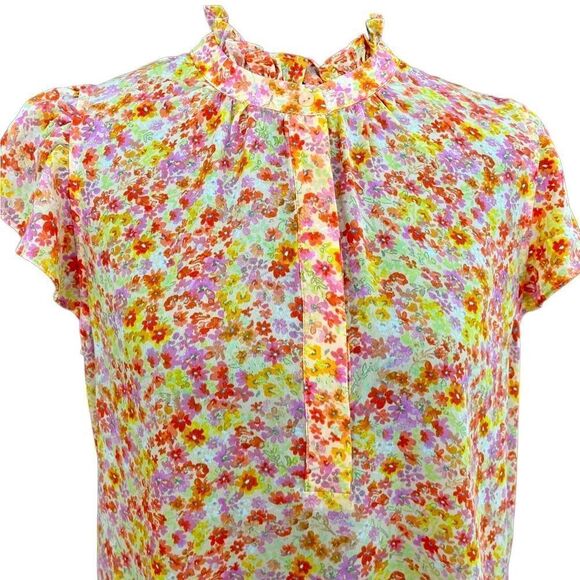 Alex & Lili floral button front sleeveless blouse w/ stand up ruffle collar sz M - Picture 2 of 6